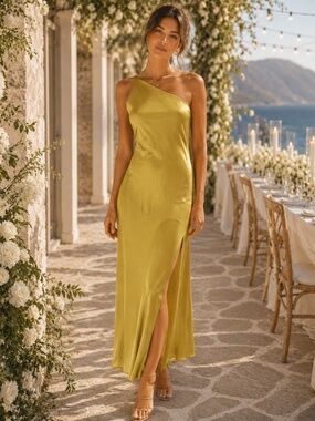 Indefeir Mustard Yellow One Shoulder Satin Maxi Dress XS Open Back Side Slit